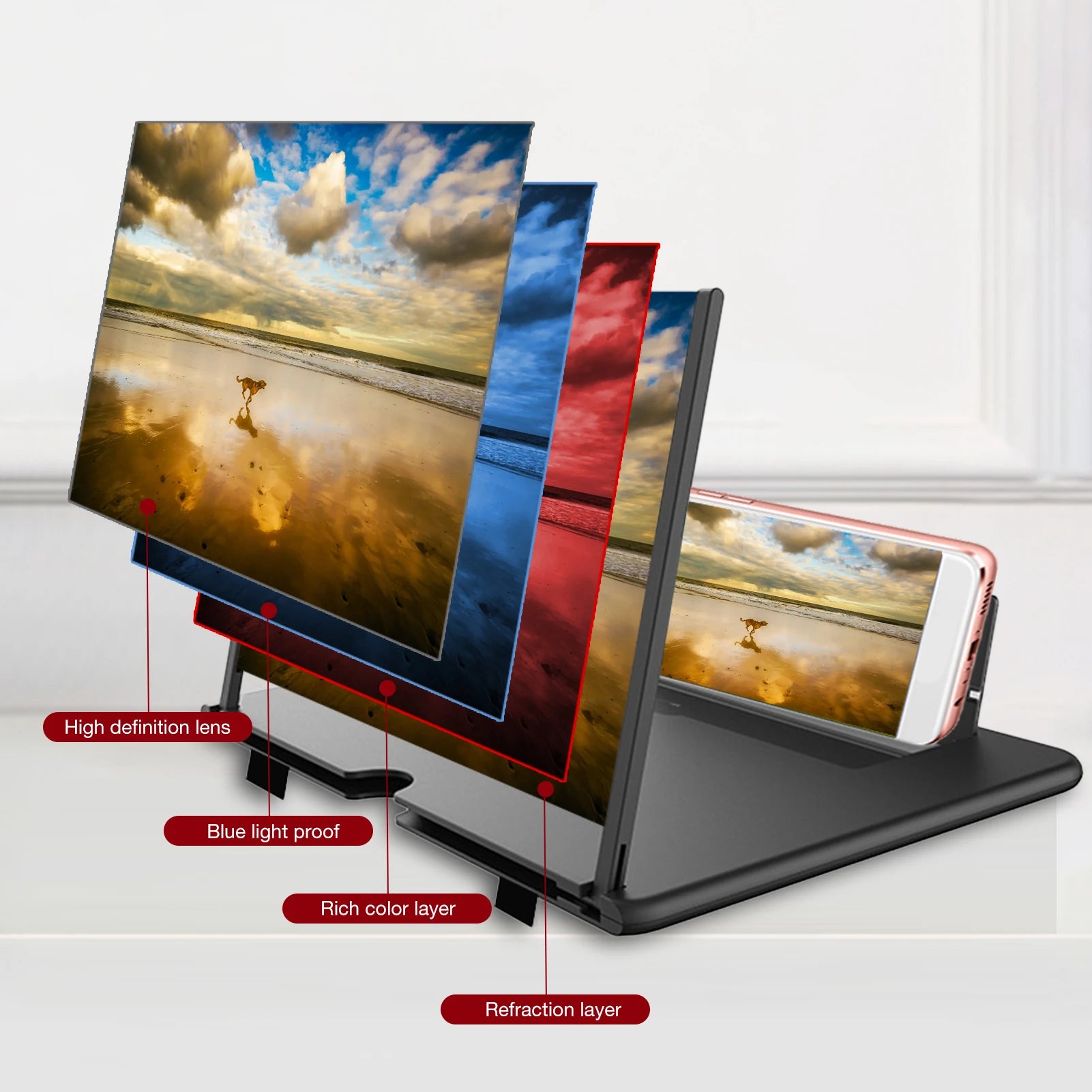 L16 16-Inch Mobile Phone Screen Magnifier – 3D HD Screen Enlarger with Foldable Stand, Universal Phone Holder for Movies & Gaming
