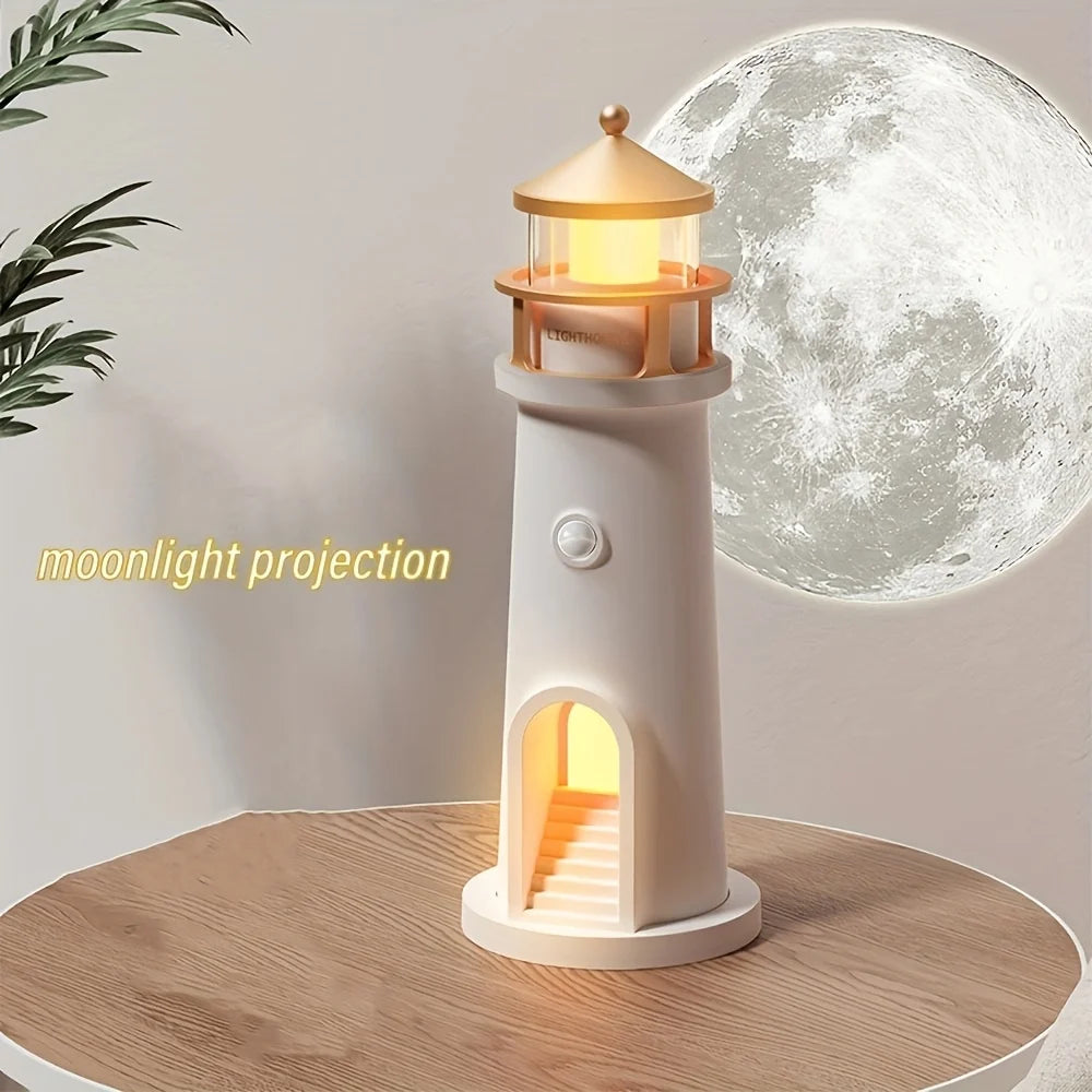 Lighthouse Projection Nightlight - Adjustable Brightness&Timer, USB Rechargeable Soft Moon Glow for Bedroom Decor Romantic Gift