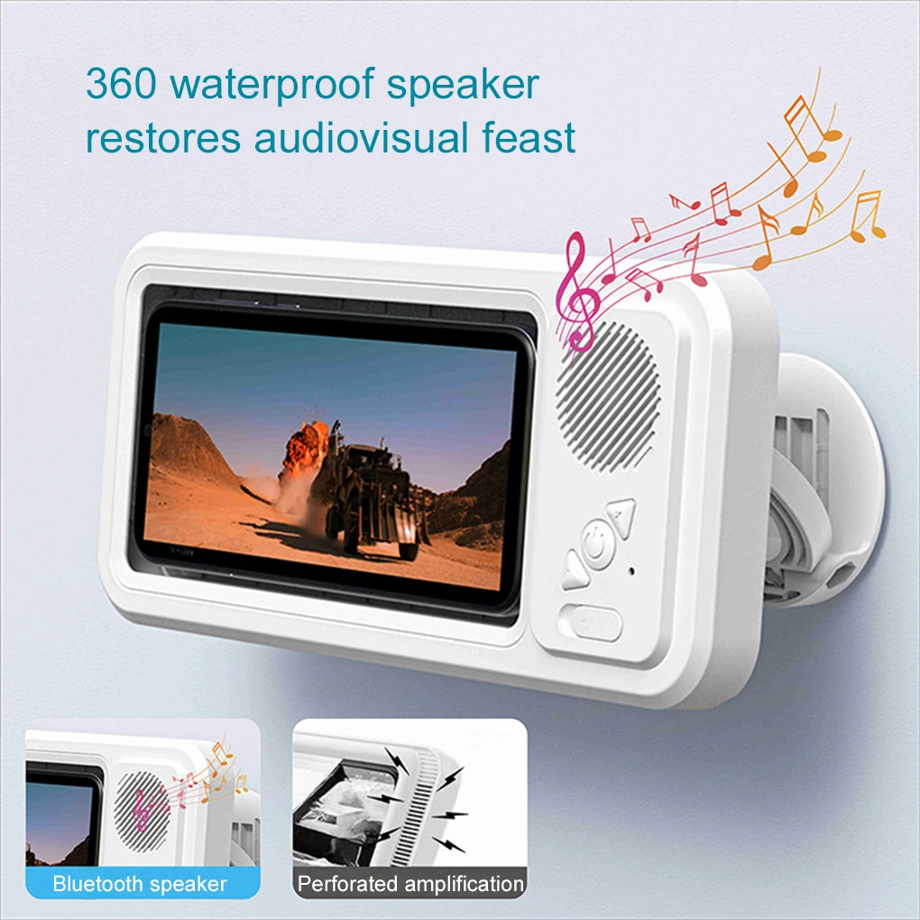 Waterproof Shower Phone Holder with Bluetooth Speaker – 360° Rotation Anti-Fog Wall Mount for 4–6.9” Phones 2025