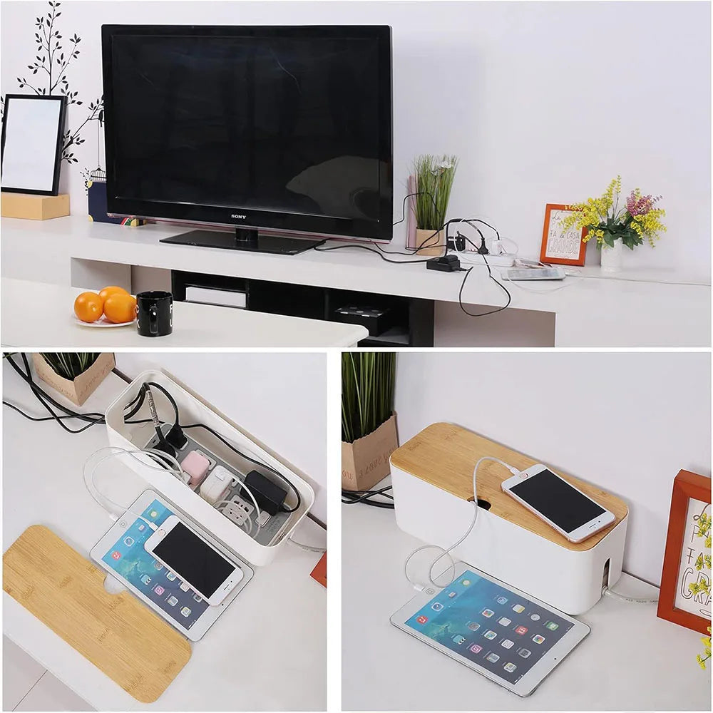 Large Wire Organizer Cable Management Box for Extension Cord Power Stripe Surge Protector with Wooden Lid for Cable Organisers