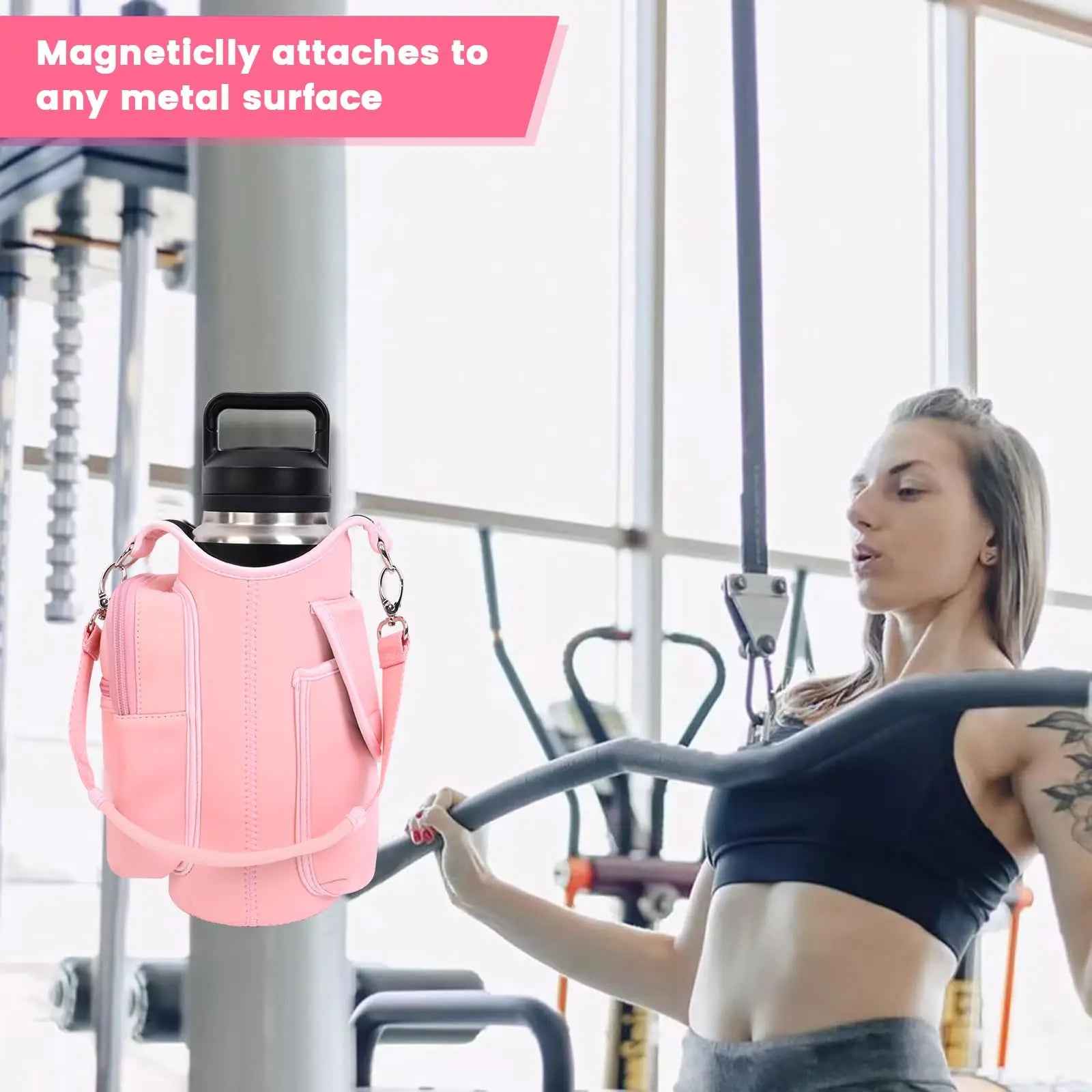 Magnetic Gym Bag Water Bottle Carrier with Adjustable Shoulder Strap | 40oz Bottle Pouch Sling Holder