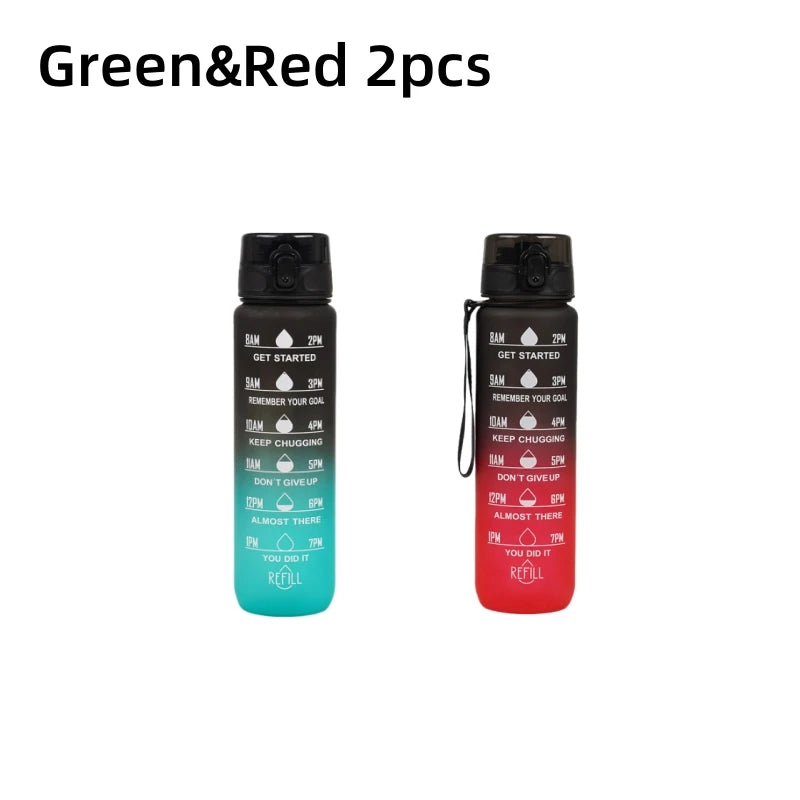 1000ml Gradient Sports Water Bottle with Time Scale – Portable Large Capacity BPA-Free Fitness Bottle with Strap