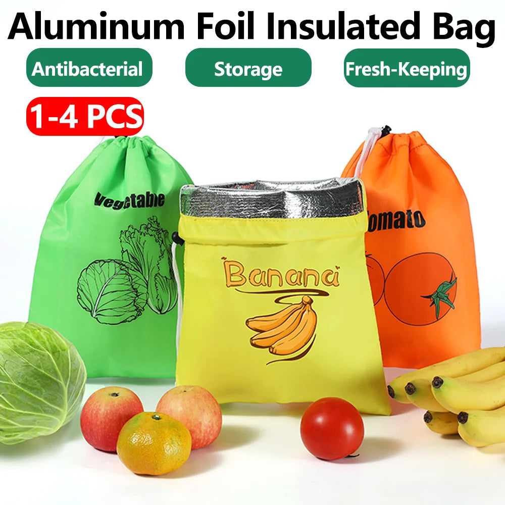 1-4 PCS Insulated Food-Safe Storage Bags Alum Foil Drawstring Pouch for Fridge Travel & Outdoor  Reusable Thermal Eco-Friendly
