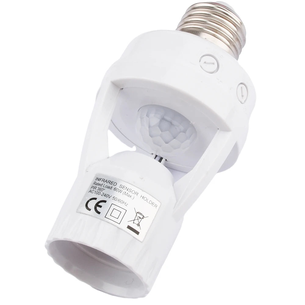 60W PIR Motion Sensor Lamp Socket E27 – Smart Light Base with Adjustable Delay & Light Control (AC100-240V)
