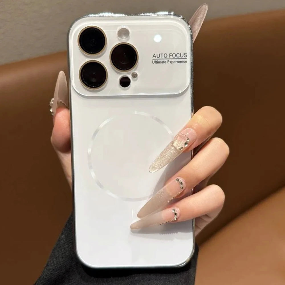 Luxury Large Window For Magsafe Case For iPhone 17 16 15 14 Pro Max Plating Magnectic Wireless Charging Glass Lens Protect Cover