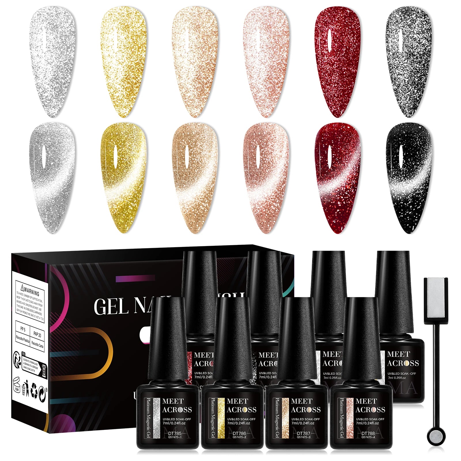MEET ACROSS 6PCS Cat Magnetic Gel Polish Set with Magnetic Stick & Box
