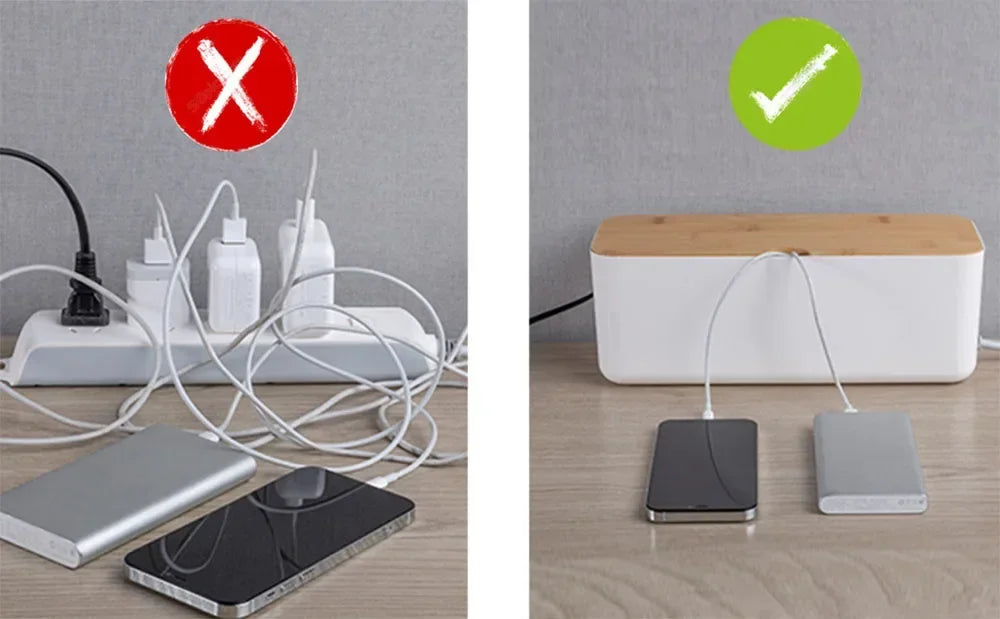 Large Wire Organizer Cable Management Box for Extension Cord Power Stripe Surge Protector with Wooden Lid for Cable Organisers