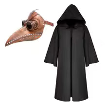 Halloween Plague Doctor Mask & Cloak Costume – Hooded Black Robe Set for Adults & Kids
