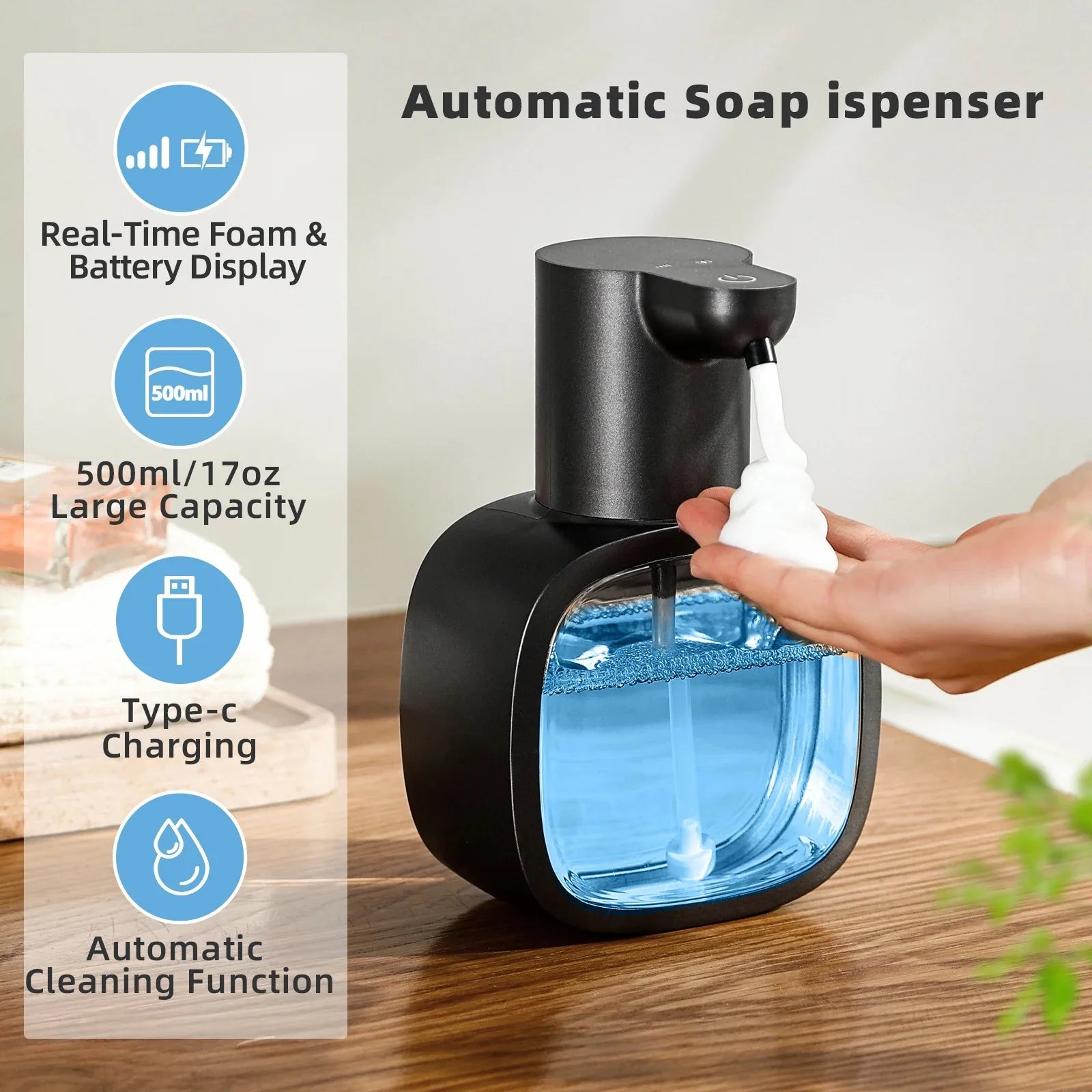 New Wall Mounted Automatic Soap Dispenser Foam Smart Hand Washing Machine 500ml Liquid Rechargeable Bathroom Induction Sensor.