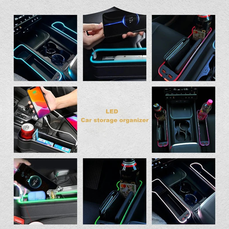 LED Car Seat Crevice Storage Box Car Organizer Seat Gap Filler Cup Holder With 2 USB Charger Stowing Tidying Car Accessories
