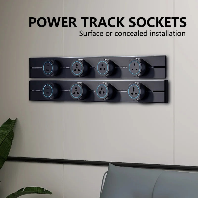 Wall Power Rail Socket – Kitchen Aluminum Expansion Socket 40cm / 50cm | Built-in Countertop Power Strip with Multiple Slots