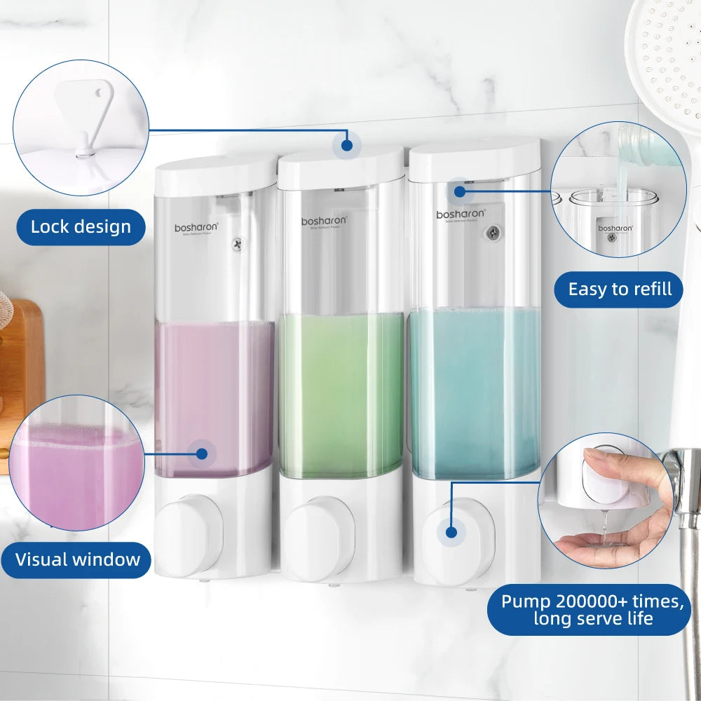 Wall Mounted Shampoo and Conditioner Dispenser, Body Wash, Shower Soap, Lotion, Gel Container, 3 × 300 ml