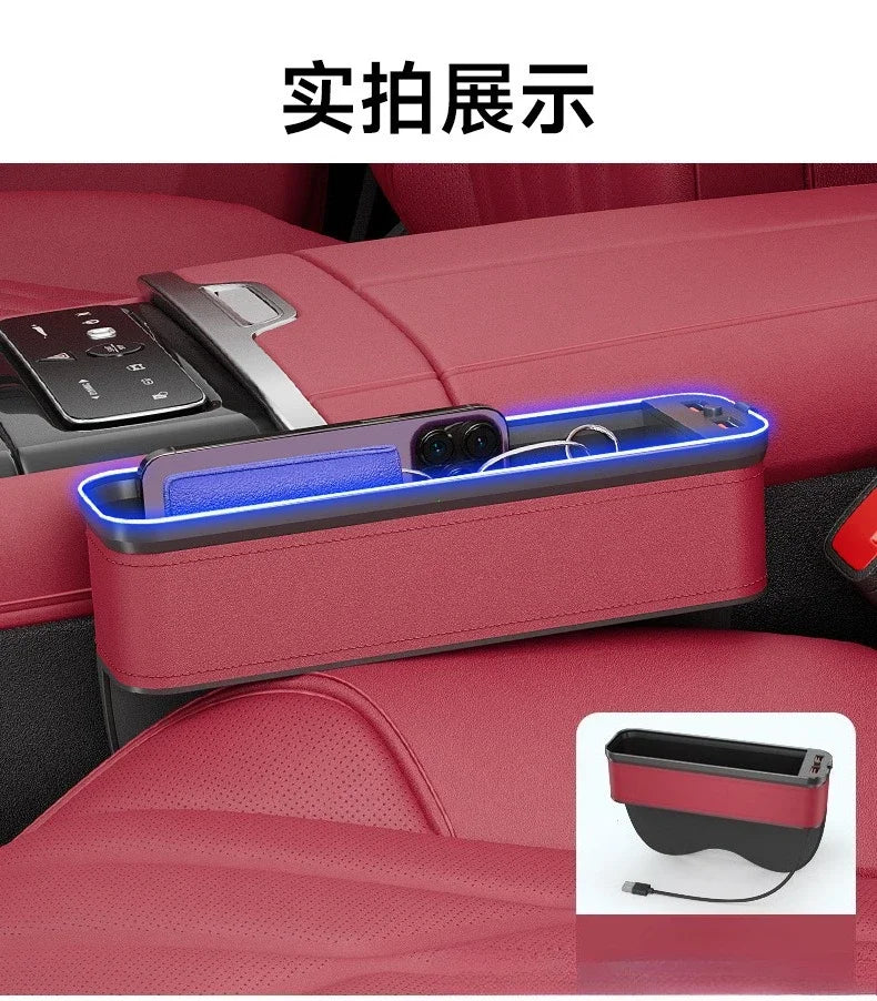 Car Crevice Storage Organizer Box Car 2 USB Charging Colour Light Seat Gap Storage Box LED Auto Interior Stowing Tidying