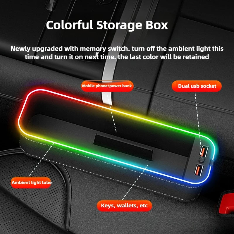 Car Crevice Storage Organizer Box Car 2 USB Charging Colour Light Seat Gap Storage Box LED Auto Interior Stowing Tidying