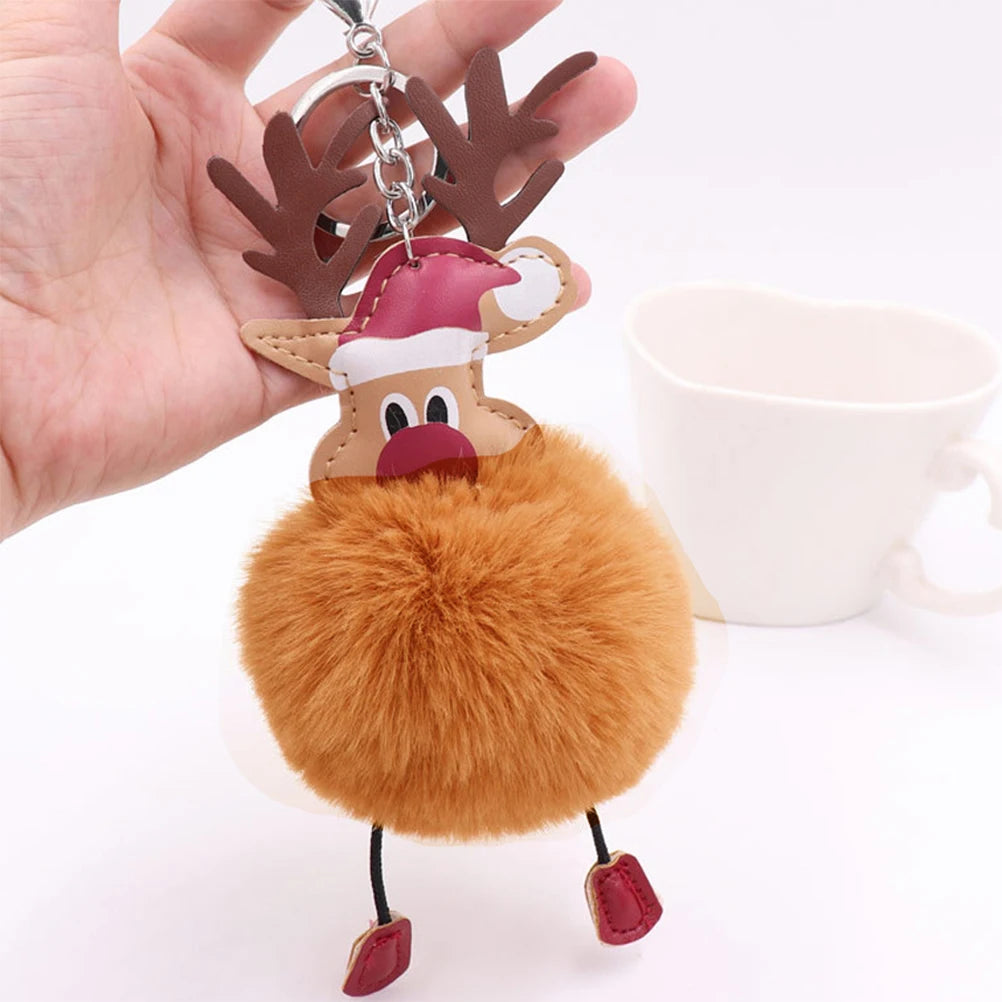 Cartoon Christmas Elk Keychain Premium Metal Pom Pom Ball Decorative Key Ring For Handbag Phone Pendant Gift Coffee