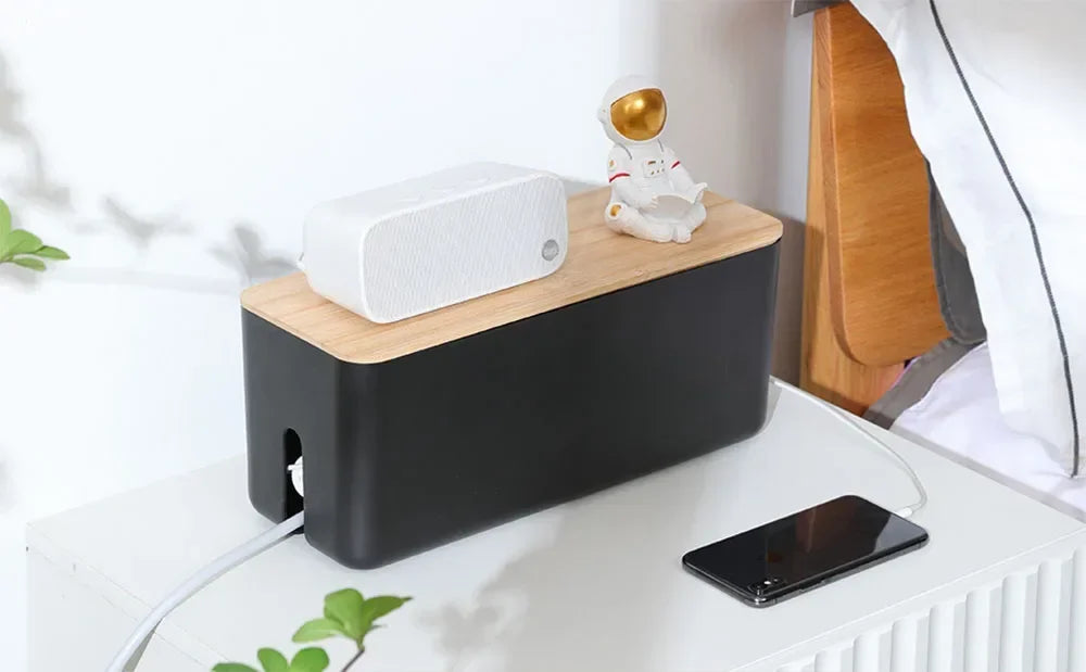 Large Wire Organizer Cable Management Box for Extension Cord Power Stripe Surge Protector with Wooden Lid for Cable Organisers