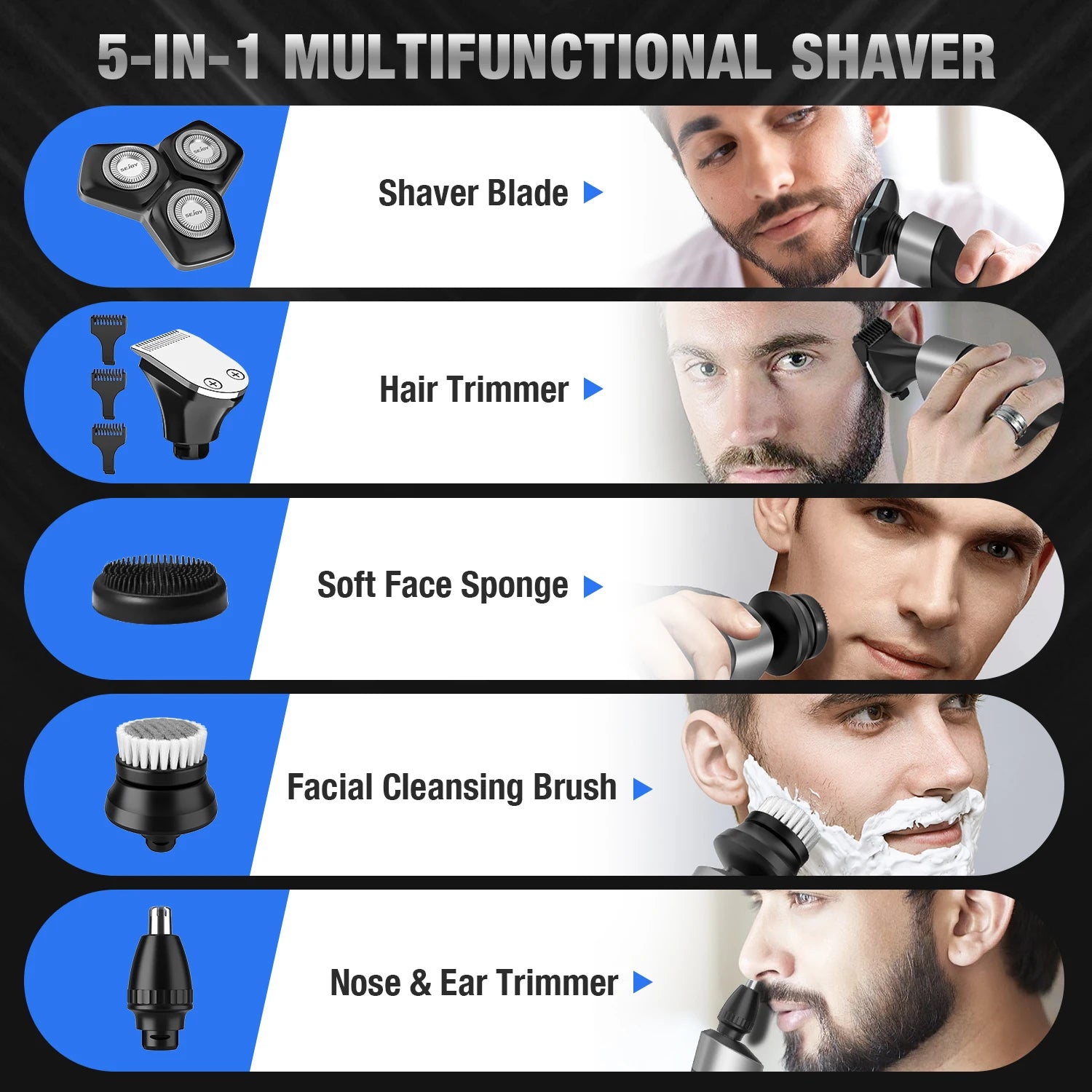 Sejoy 5-in-1 Electric Razor for Men – Rechargeable Beard Trimmer & Shaver, Wet & Dry Grooming Kit with Lithium Battery, Portable Rotary Shaver with 5 Attachments