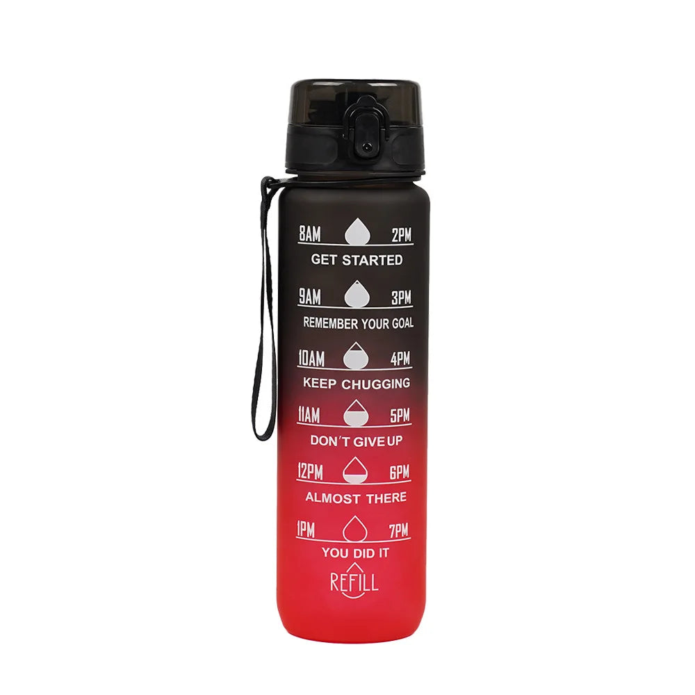 1000ml Gradient Sports Water Bottle with Time Scale – Portable Large Capacity BPA-Free Fitness Bottle with Strap