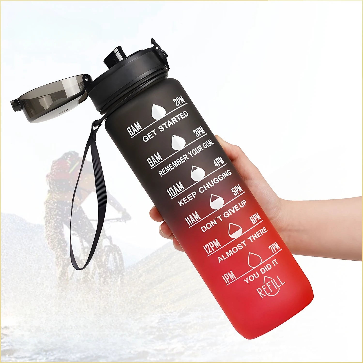 1000ml Gradient Sports Water Bottle with Time Scale – Portable Large Capacity BPA-Free Fitness Bottle with Strap
