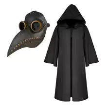 Halloween Plague Doctor Mask & Cloak Costume – Hooded Black Robe Set for Adults & Kids