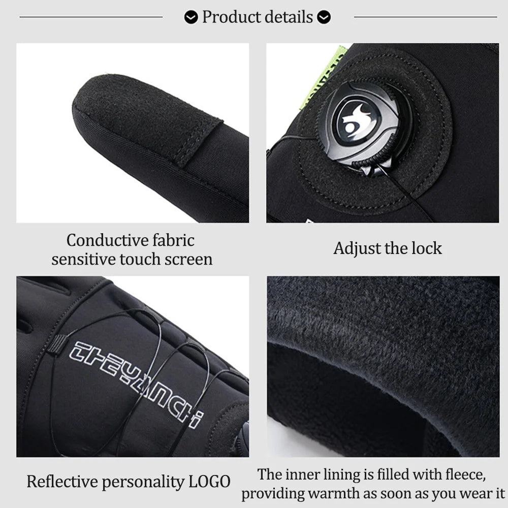 NEWBOLER Winter Cycling Gloves Warm Fleece Windproof Full Finger Gloves Touch Screen Anti-slip Adjustable Buckle Men Bike Gloves