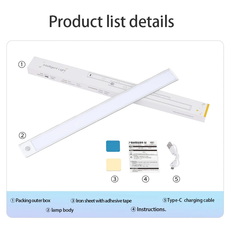 LED Night Light Motion Sensor Wireless USB Cabinet Night Light Wardrobe Lamp For Kitchen Cabinet Bedroom Wardrobe 20/30/40/60CM