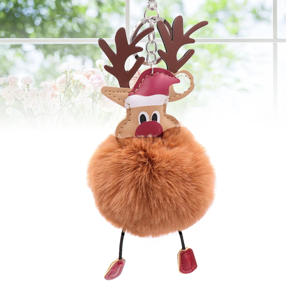 Cartoon Christmas Elk Keychain Premium Metal Pom Pom Ball Decorative Key Ring For Handbag Phone Pendant Gift Coffee