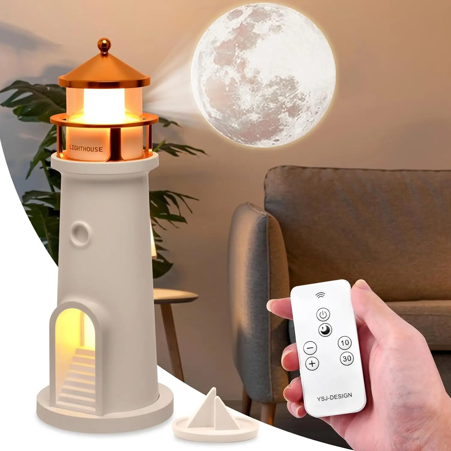 Lighthouse Projection Nightlight - Adjustable Brightness&Timer, USB Rechargeable Soft Moon Glow for Bedroom Decor Romantic Gift
