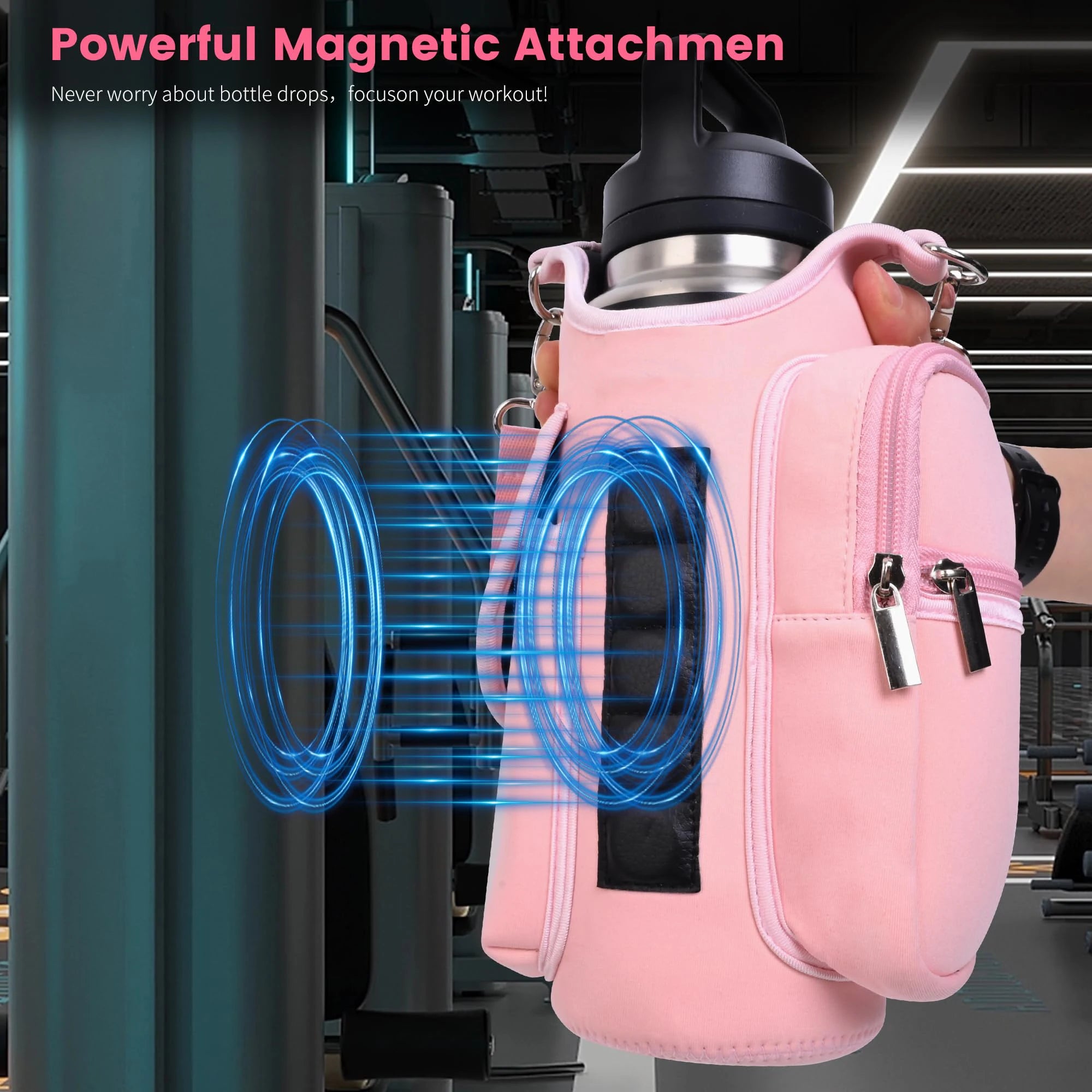 Magnetic Gym Bag Water Bottle Carrier with Adjustable Shoulder Strap | 40oz Bottle Pouch Sling Holder