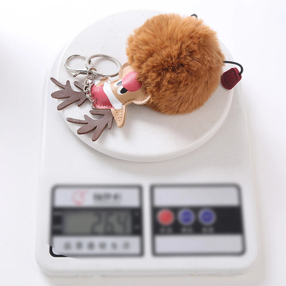 Cartoon Christmas Elk Keychain Premium Metal Pom Pom Ball Decorative Key Ring For Handbag Phone Pendant Gift Coffee
