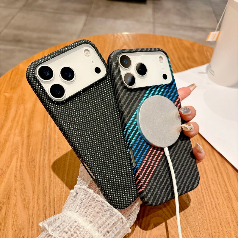 Luxury Carbon Fiber Mag Safe Case for iPhone 17 Series | Solid Color Wireless Charging Air Bumper Back Cover