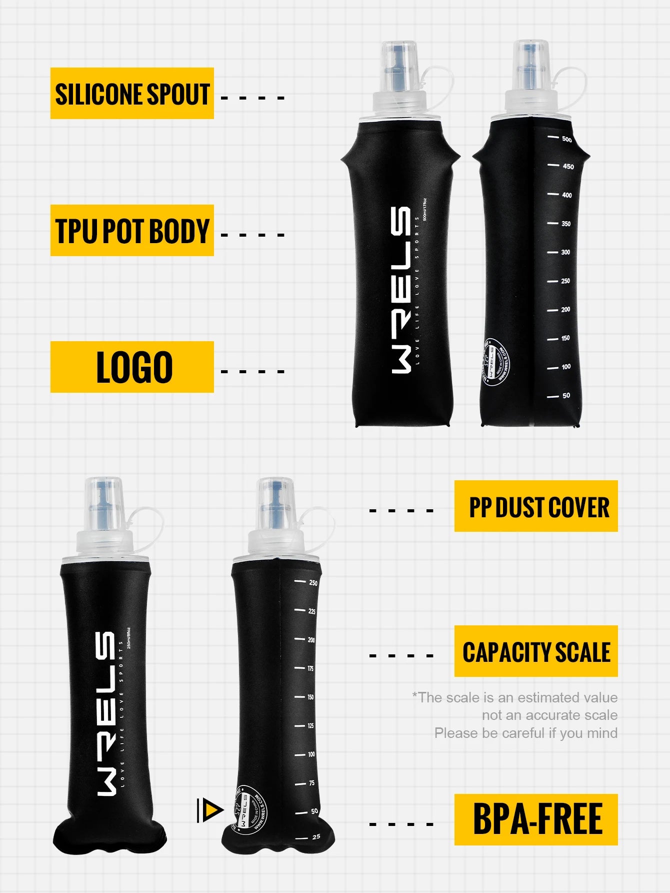 WRELS Water Bottle TPU Folding Soft Flask Outdoor Sport Water Bag Collapsible Water Bottle 500ml For Running Camping BPA Free
