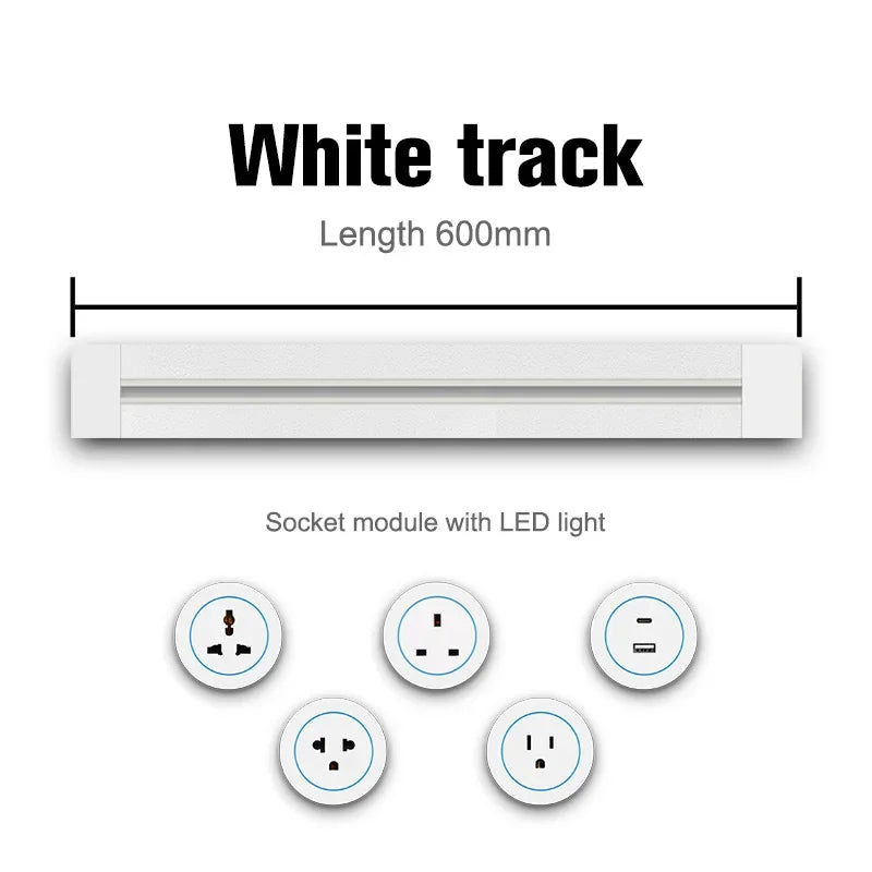 Track Socket Kitchen Wall Outlet with USB | FR/EU/US/UK Universal Standard Round Removable Adapter Plug – White