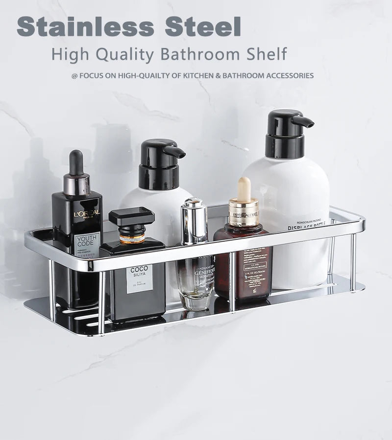Stainless Steel Bathroom Storage Shelf Wall Mounted Shower Organizers Rack Corner Shampoo Holder Bath Hardwares Accessories