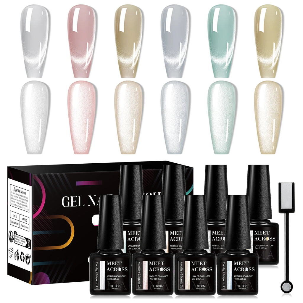 MEET ACROSS 6PCS Cat Magnetic Gel Polish Set with Magnetic Stick & Box