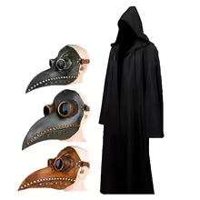 Halloween Plague Doctor Mask & Cloak Costume – Hooded Black Robe Set for Adults & Kids