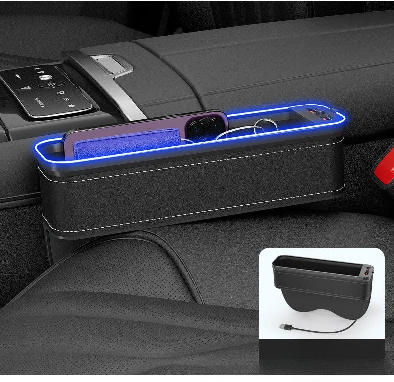 Car Crevice Storage Organizer Box Car 2 USB Charging Colour Light Seat Gap Storage Box LED Auto Interior Stowing Tidying