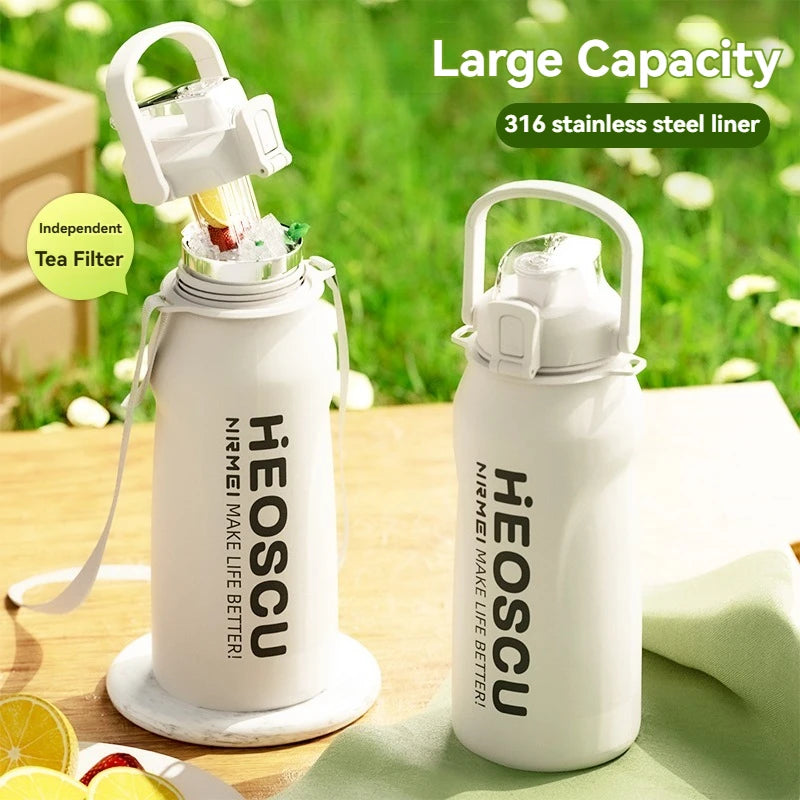 2L Stainless Steel Thermal Water Bottle – Large Vacuum Flask with Straw for Hot & Cold Drinks, Travel & Outdoor Sports