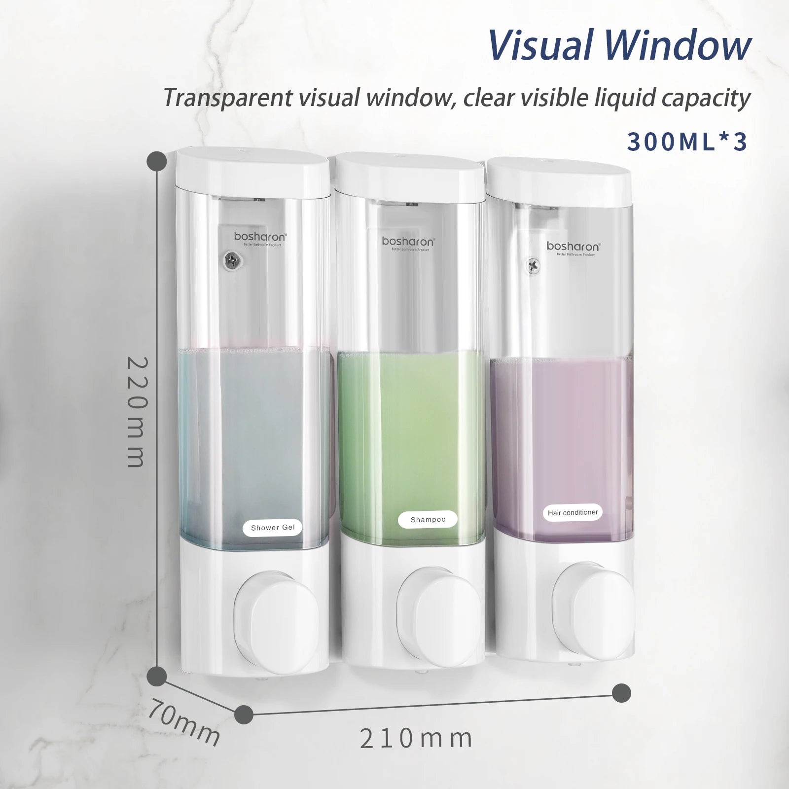 Wall Mounted Shampoo and Conditioner Dispenser, Body Wash, Shower Soap, Lotion, Gel Container, 3 × 300 ml