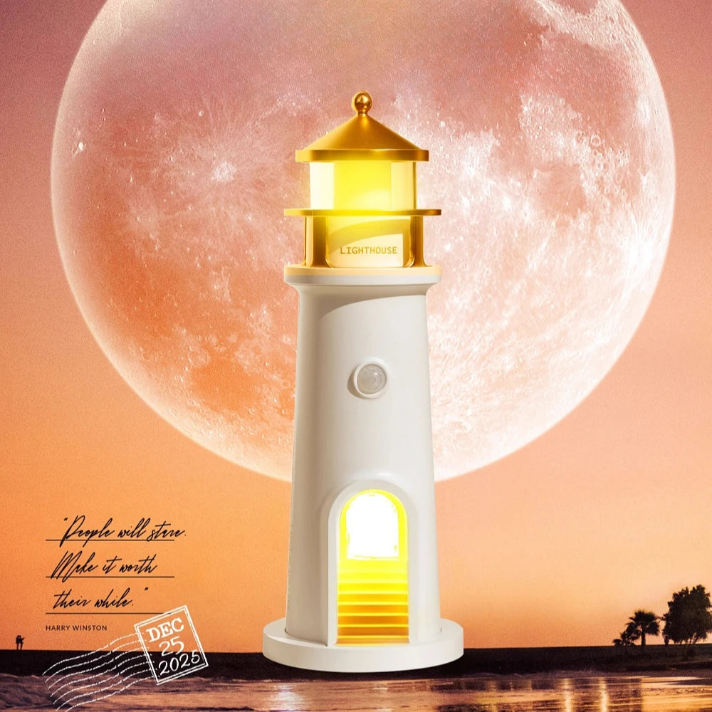 Lighthouse Projection Nightlight - Adjustable Brightness&Timer, USB Rechargeable Soft Moon Glow for Bedroom Decor Romantic Gift