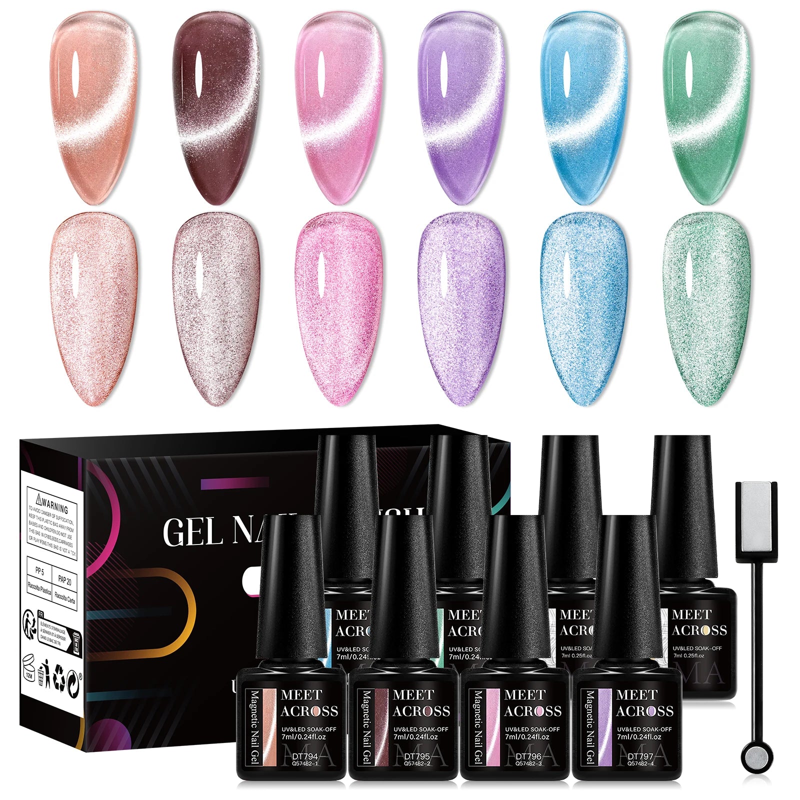 MEET ACROSS 6PCS Cat Magnetic Gel Polish Set with Magnetic Stick & Box