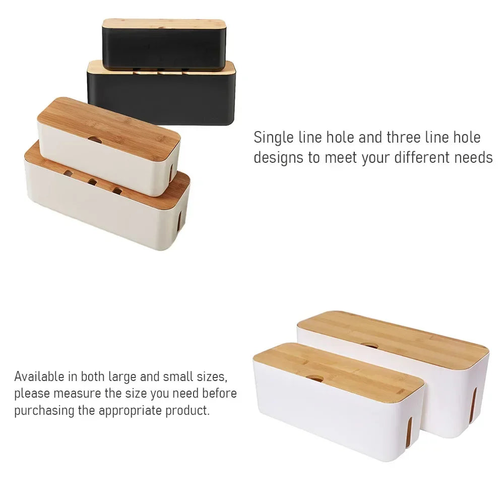 Large Wire Organizer Cable Management Box for Extension Cord Power Stripe Surge Protector with Wooden Lid for Cable Organisers