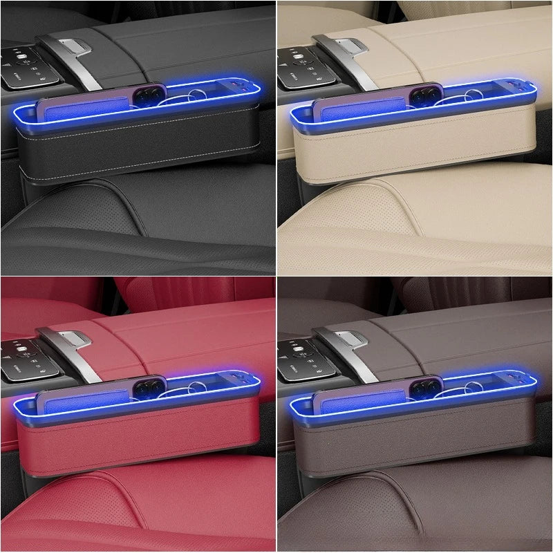 Car Crevice Storage Organizer Box Car 2 USB Charging Colour Light Seat Gap Storage Box LED Auto Interior Stowing Tidying