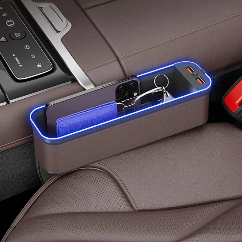Car Crevice Storage Organizer Box Car 2 USB Charging Colour Light Seat Gap Storage Box LED Auto Interior Stowing Tidying