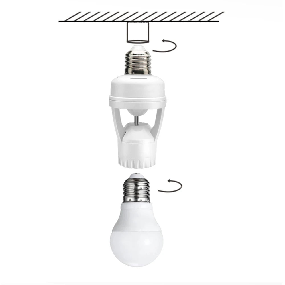 60W PIR Motion Sensor Lamp Socket E27 – Smart Light Base with Adjustable Delay & Light Control (AC100-240V)