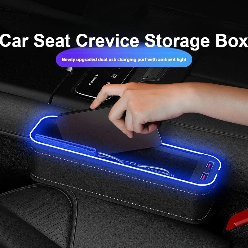 Car Crevice Storage Organizer Box Car 2 USB Charging Colour Light Seat Gap Storage Box LED Auto Interior Stowing Tidying