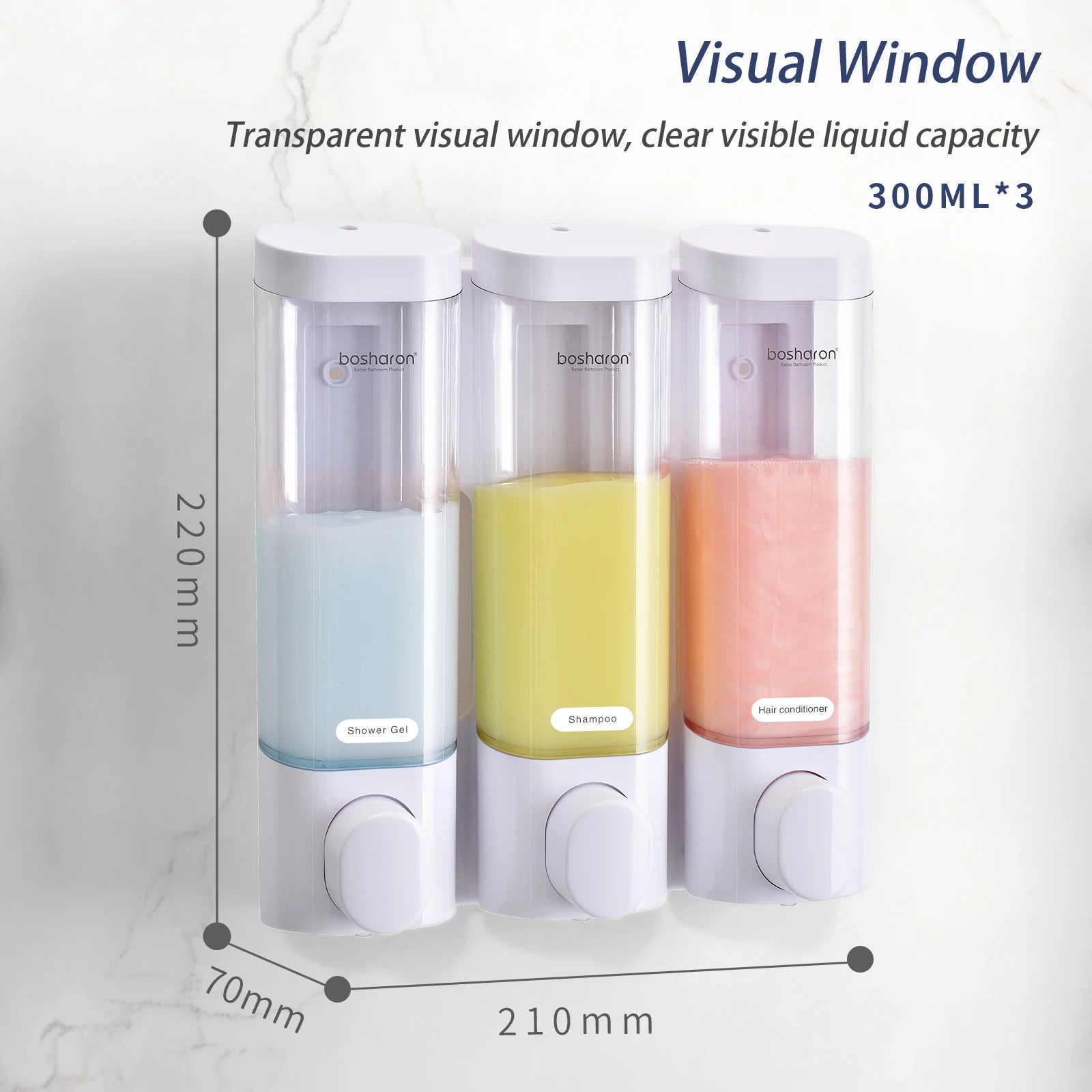 Wall Mounted Shampoo and Conditioner Dispenser, Body Wash, Shower Soap, Lotion, Gel Container, 3 × 300 ml