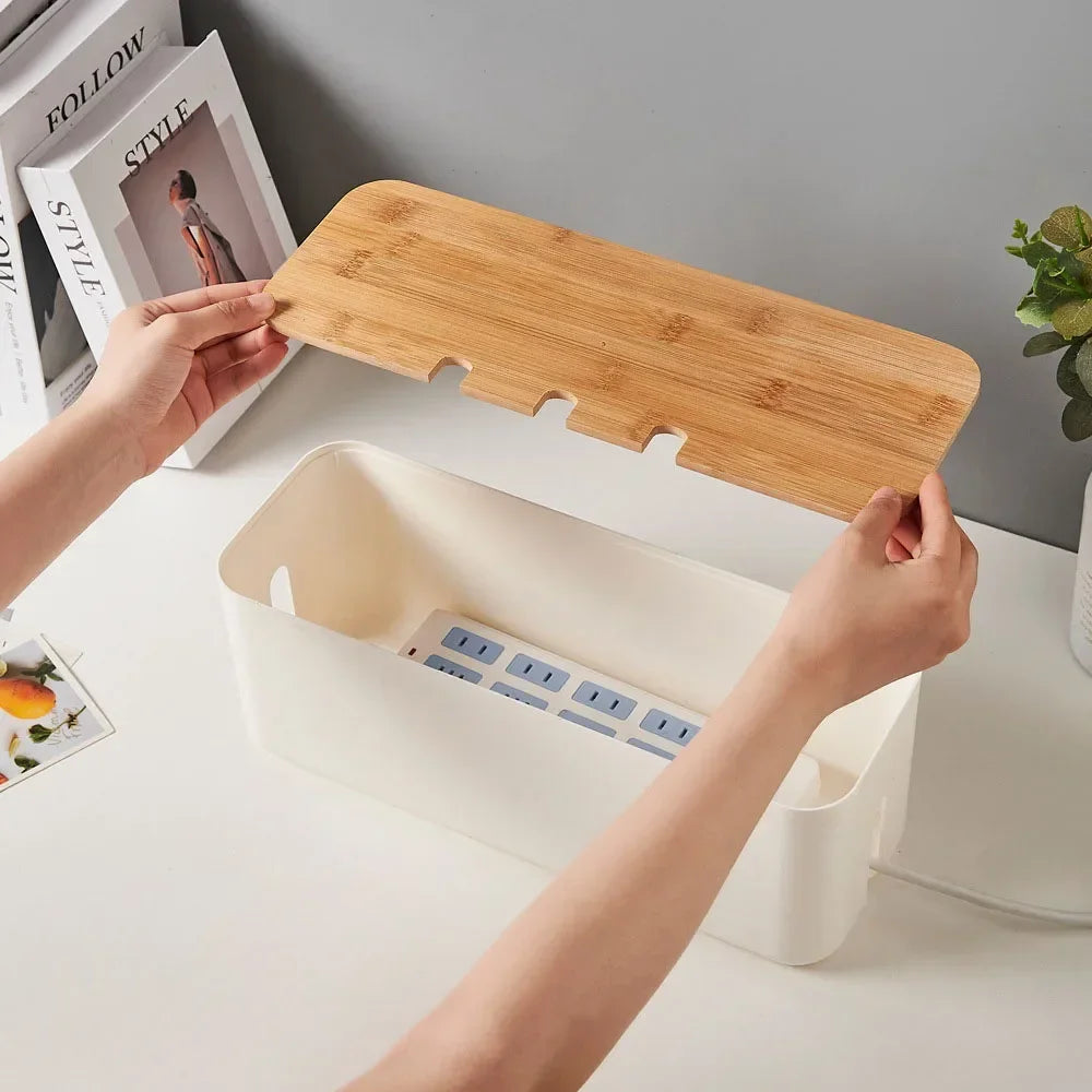 Large Wire Organizer Cable Management Box for Extension Cord Power Stripe Surge Protector with Wooden Lid for Cable Organisers