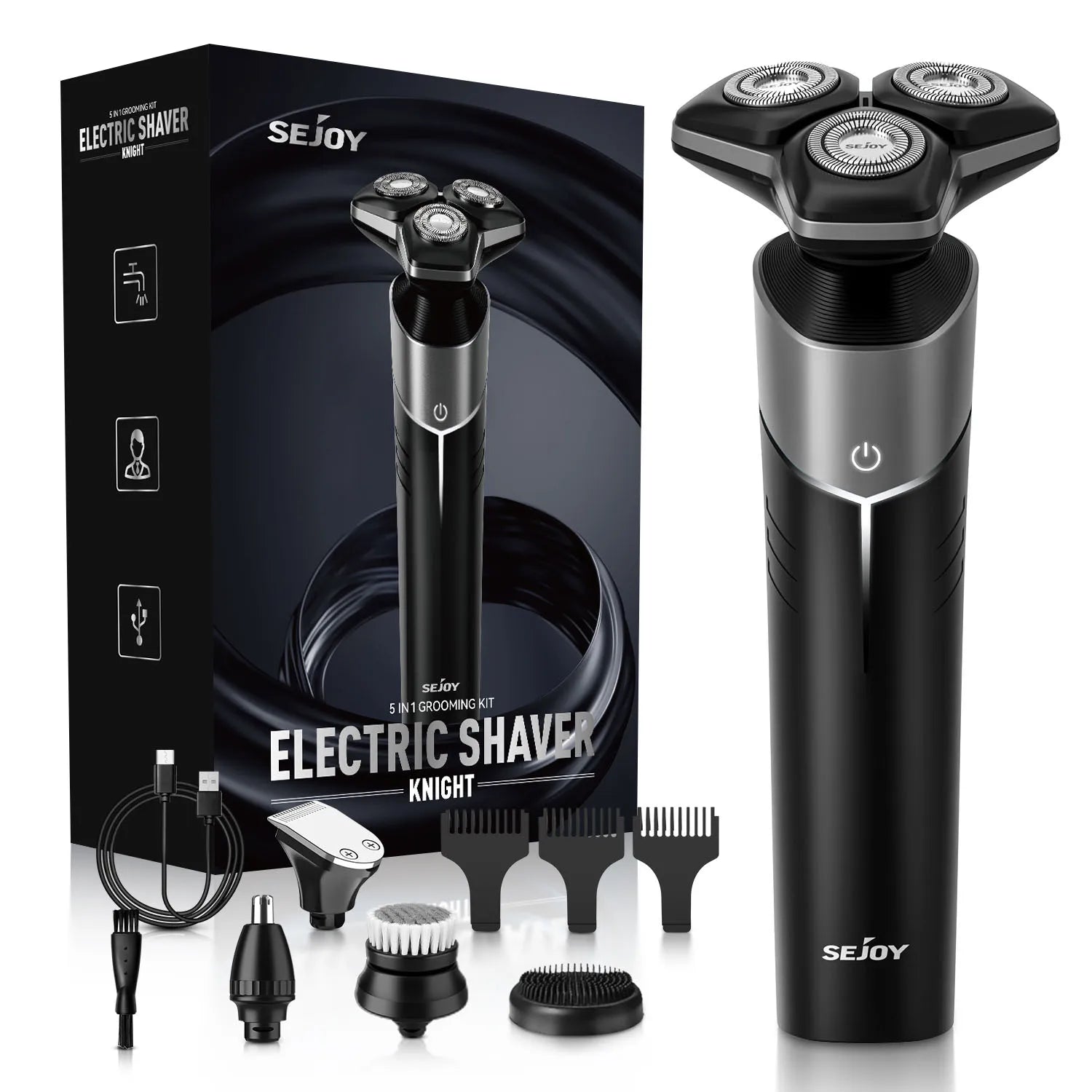Sejoy 5-in-1 Electric Razor for Men – Rechargeable Beard Trimmer & Shaver, Wet & Dry Grooming Kit with Lithium Battery, Portable Rotary Shaver with 5 Attachments