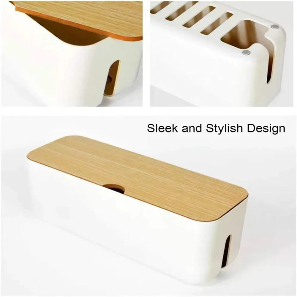 Large Wire Organizer Cable Management Box for Extension Cord Power Stripe Surge Protector with Wooden Lid for Cable Organisers